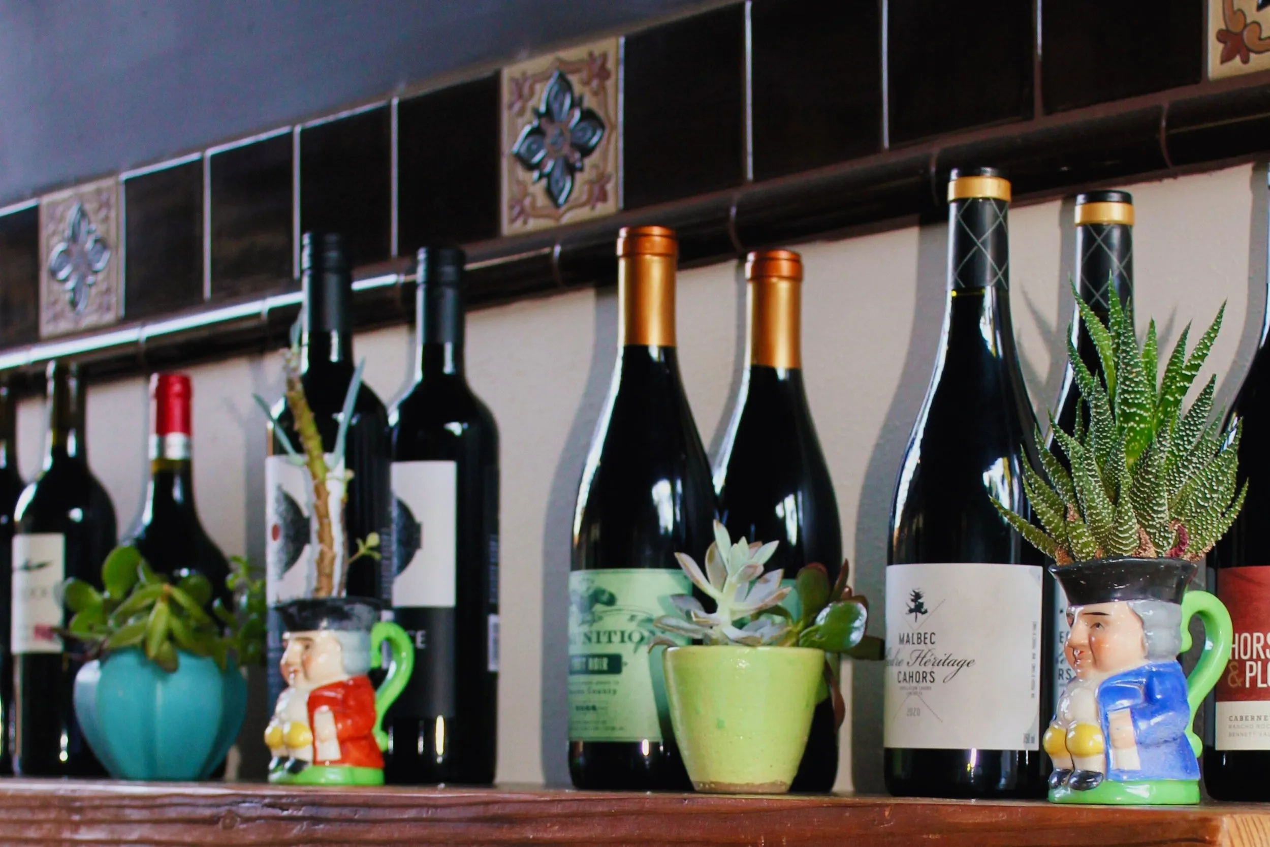 Wine bottles displayed beside plants