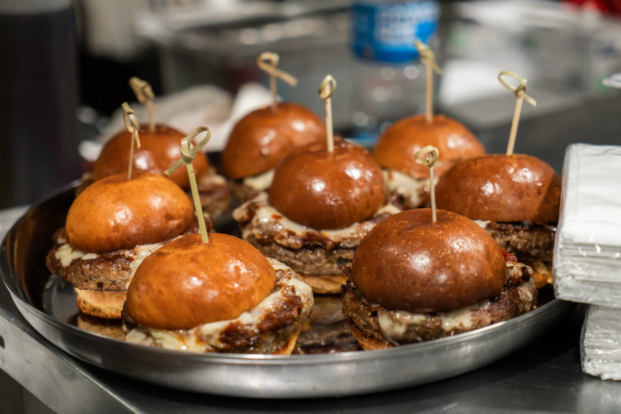 Appetizer sliders arranged on a tray